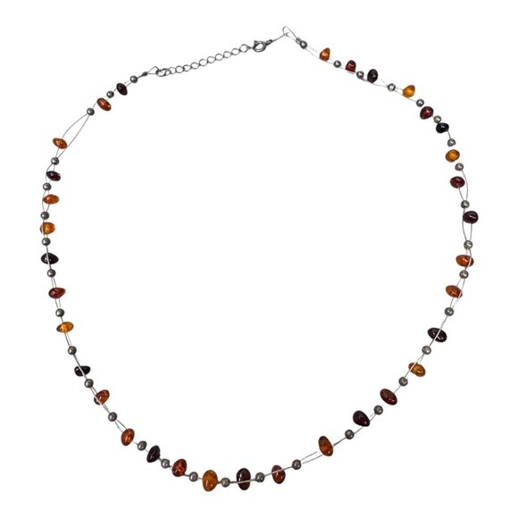 Sterling Silver Amber Floating Gemstone Necklace Handcrafted Delicate Design 18" - Picture 3 of 9